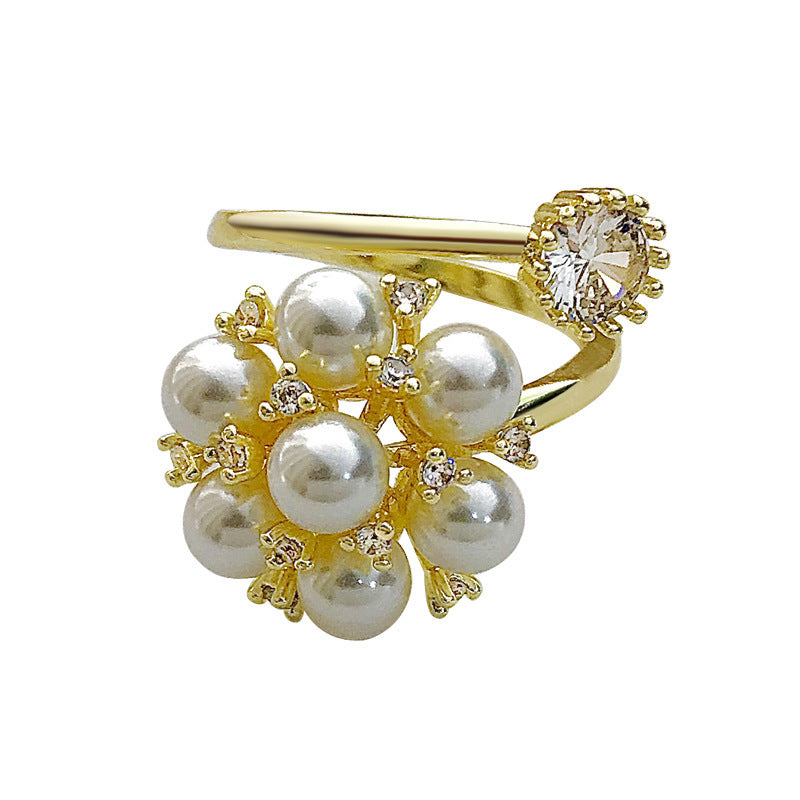 Adjustable Ring with Pearls and Sparkling Crystals