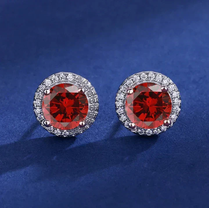 Brilliant Earrings with Round Red Gemstones and Cubic Zirconia Halo