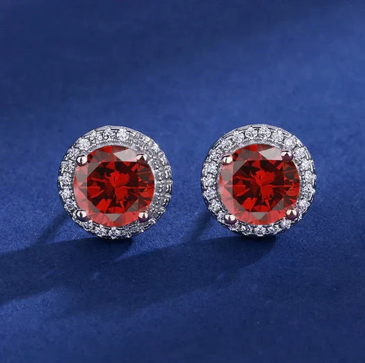 Brilliant Earrings with Round Red Gemstones and Cubic Zirconia Halo