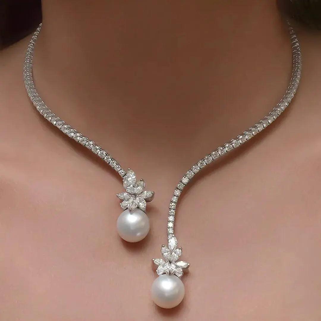 Elegant Diamond Necklace with Sparkling Pearl Pendants
