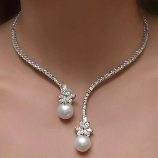 Elegant Diamond Necklace with Sparkling Pearl Pendants