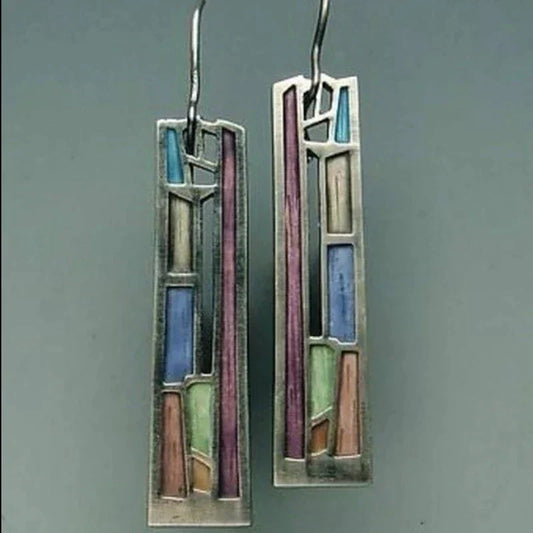 Fascinating Rectangular Earrings with Colorful Enamel Design