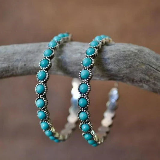 Turquoise Hoop Earrings with Round Stones and Vintage Details
