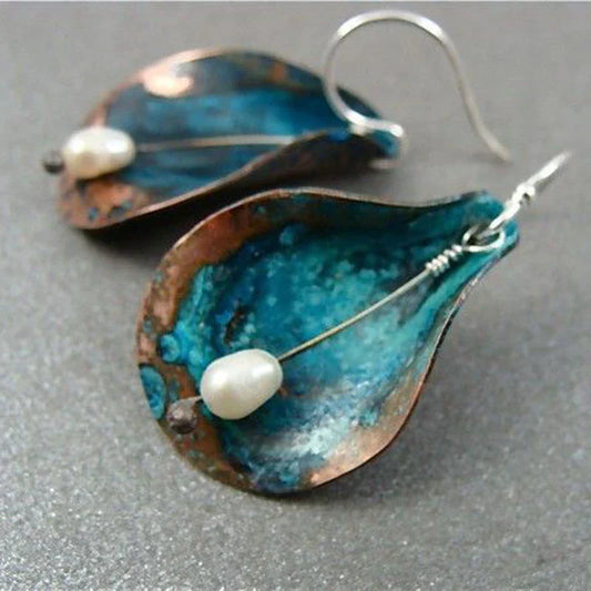 Copper Patina Dangle Earrings with Freshwater Pearls