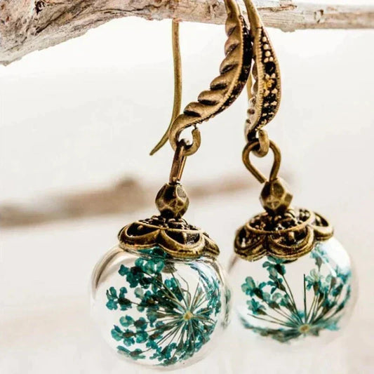 Vintage crystal ball earrings with real dried flowers