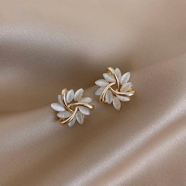 Opal scale earrings, gold flower shape, elegant gemstone look