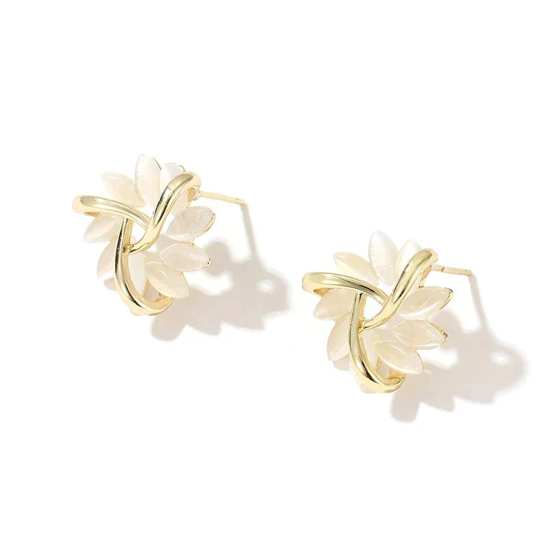 Opal scale earrings, gold flower shape, elegant gemstone look