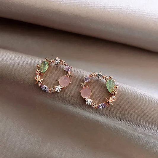 Flower earrings with cubic zirconia and coloured stones