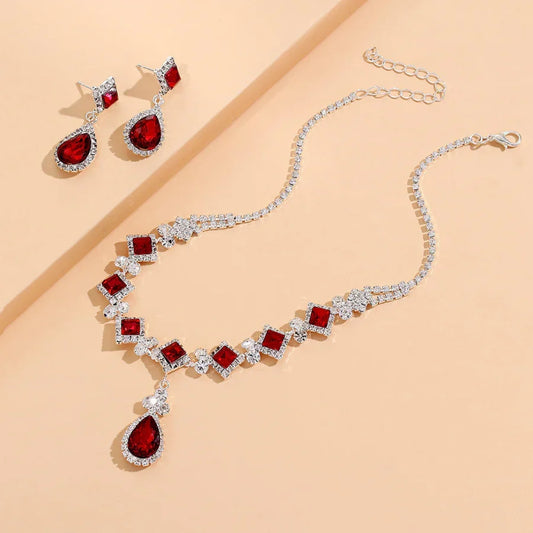 Elegant Necklace Set with Red Rhinestones and Teardrop Earrings