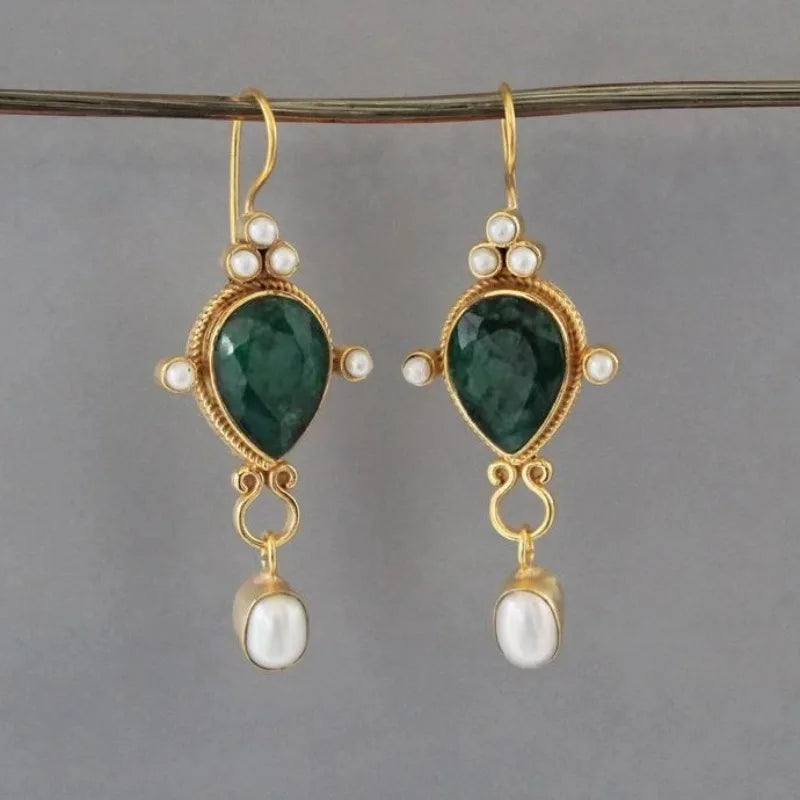 Vintage Gemstone Dangle Earrings with Pearl Details