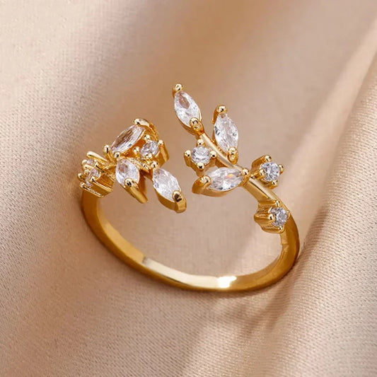 Ring with Crystal Leaves