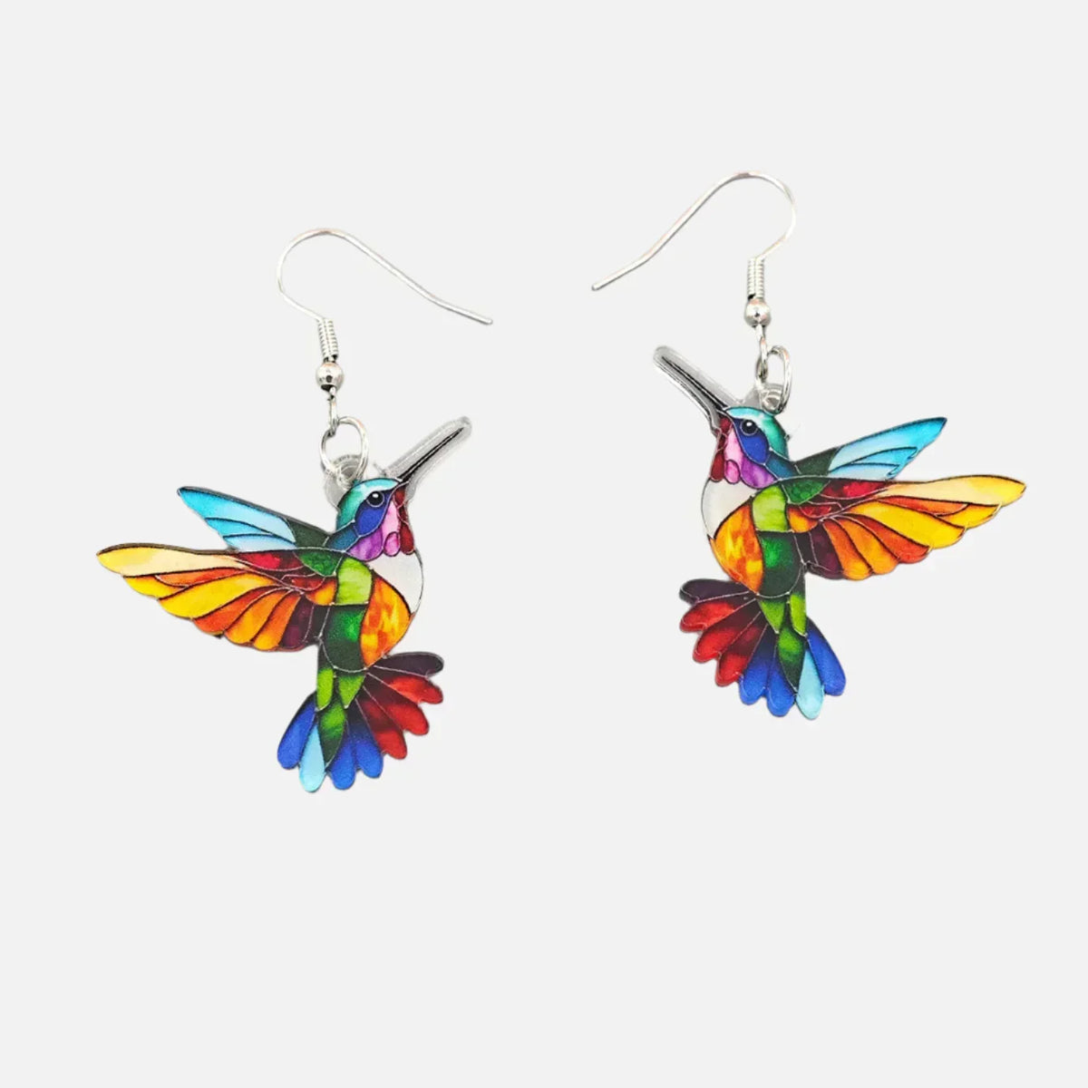 Colorful Acrylic Hummingbird Earrings in Stained-Glass Style
