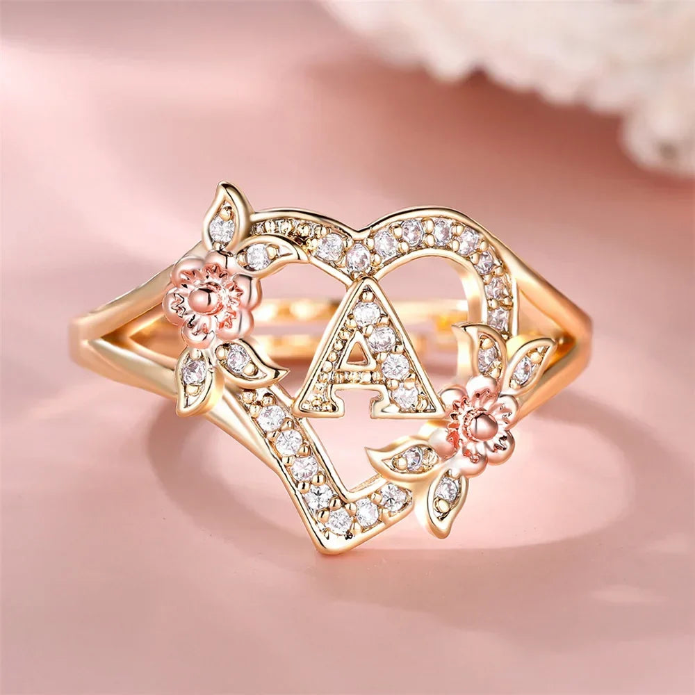Stainless Steel Ring with Initial and Crystals