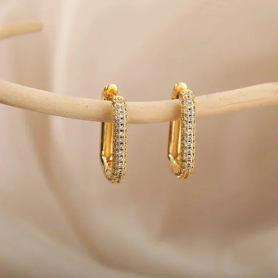 Stylish rectangular hoop earrings with sparkling cubic zirconia stones for an elegant look