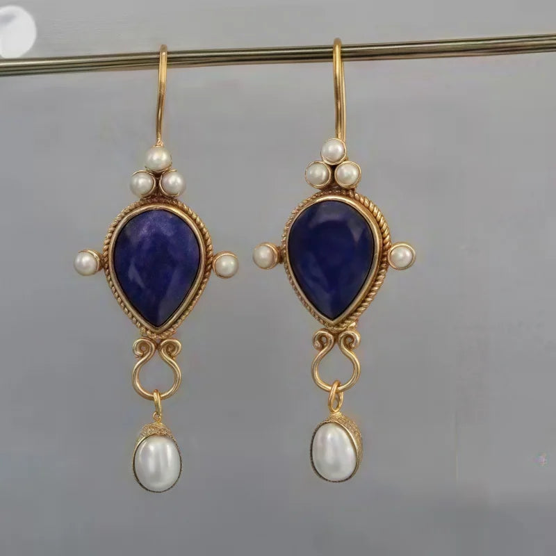 Vintage Gemstone Dangle Earrings with Pearl Details