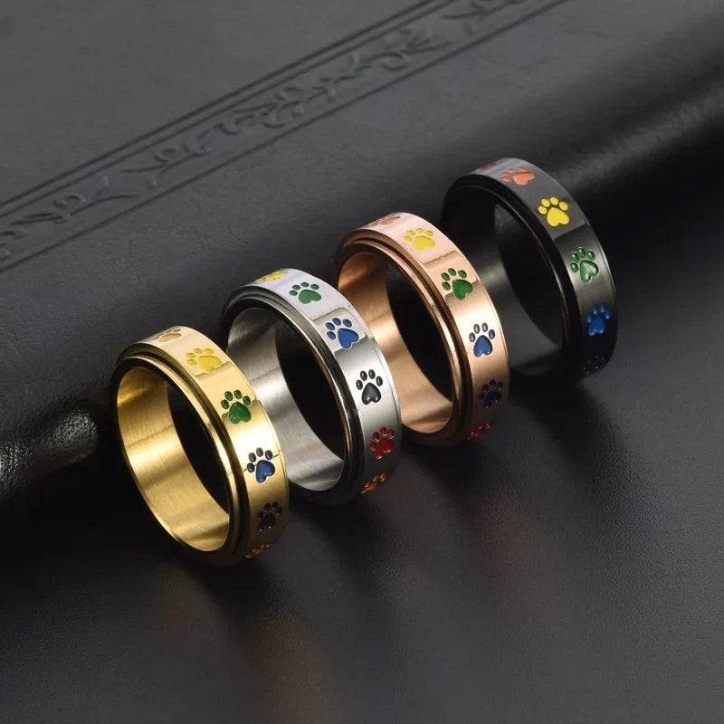 Stress-Relief Spinner Ring - Stainless Steel with Rainbow Paw Print