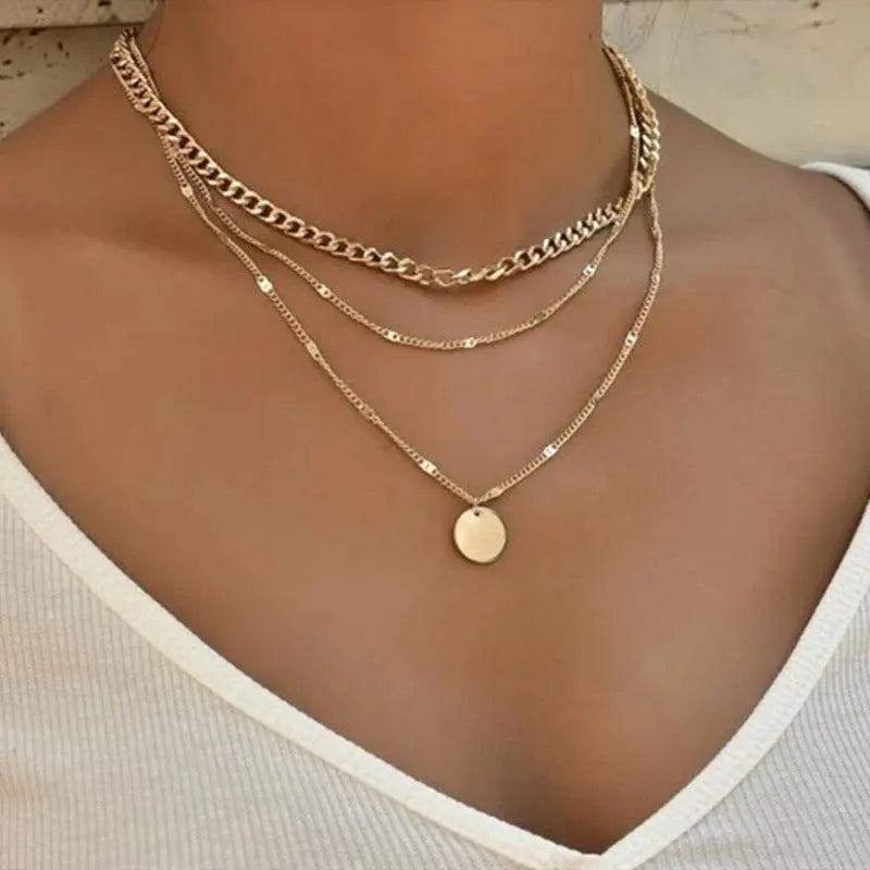 Multi-Layer Necklace with Boho-Style Disc Pendant