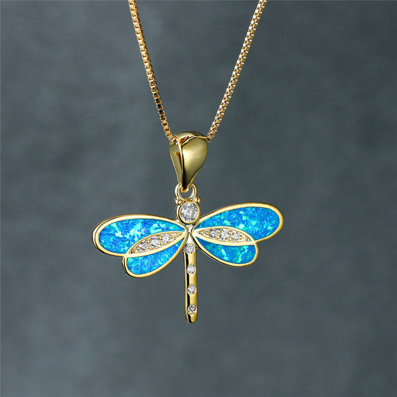 Shiny Dragonfly Necklace with Sparkling Opal and Cubic Zirconia
