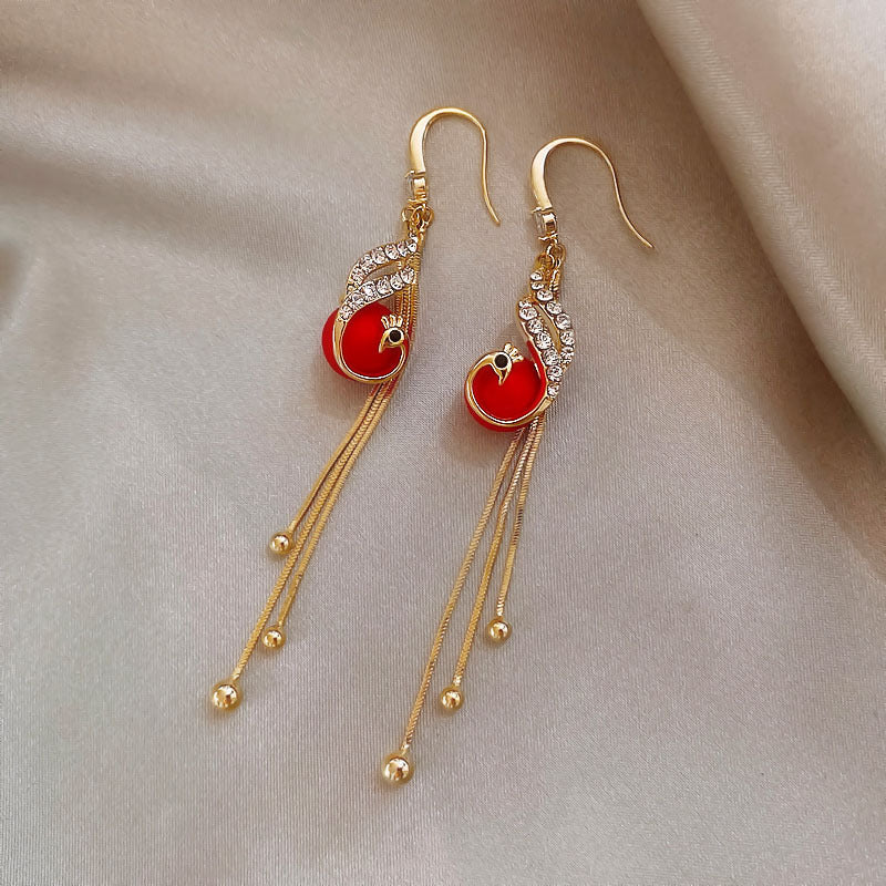 Elegant Blue or Red Tassel Earrings with Rhinestone Details
