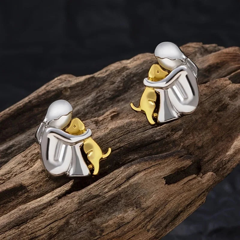 Two-Tone Hug Earrings: Cute Human Hugging Dog Earrings