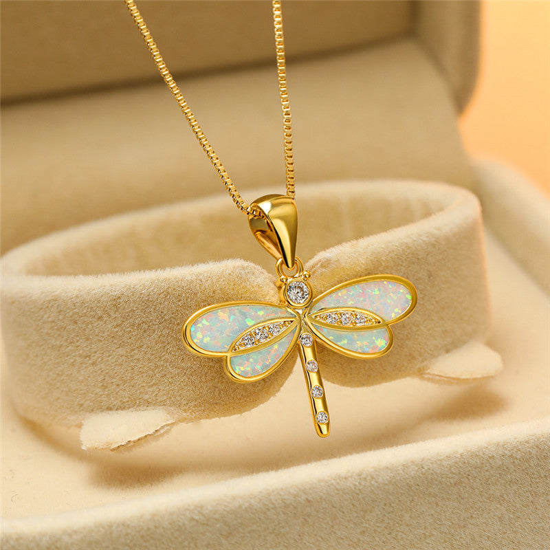 Shiny Dragonfly Necklace with Sparkling Opal and Cubic Zirconia