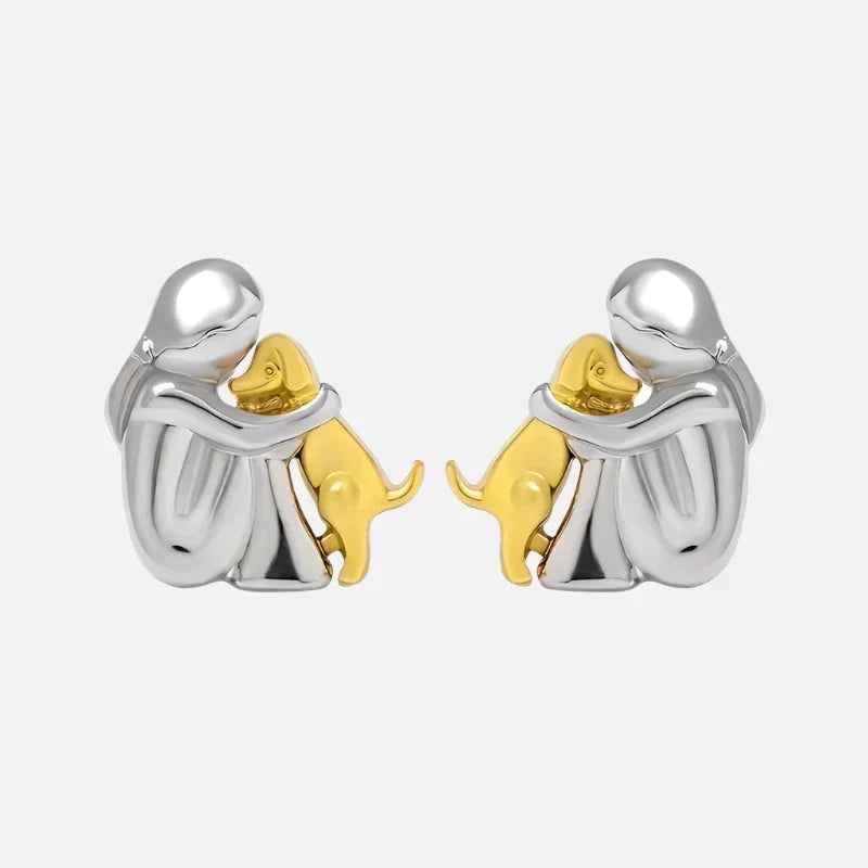 Two-Tone Hug Earrings: Cute Human Hugging Dog Earrings