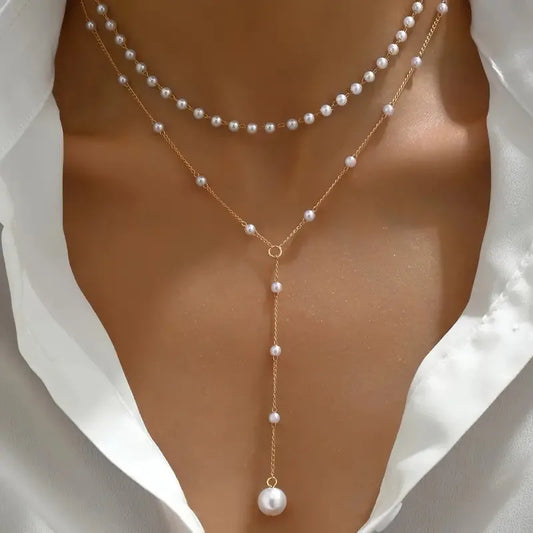 Elegant Y-Shaped Pearl Necklace with Double-Layer Design