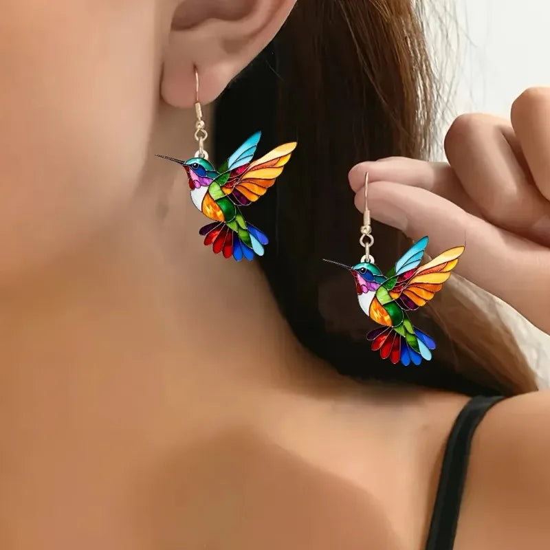 Colorful Acrylic Hummingbird Earrings in Stained-Glass Style