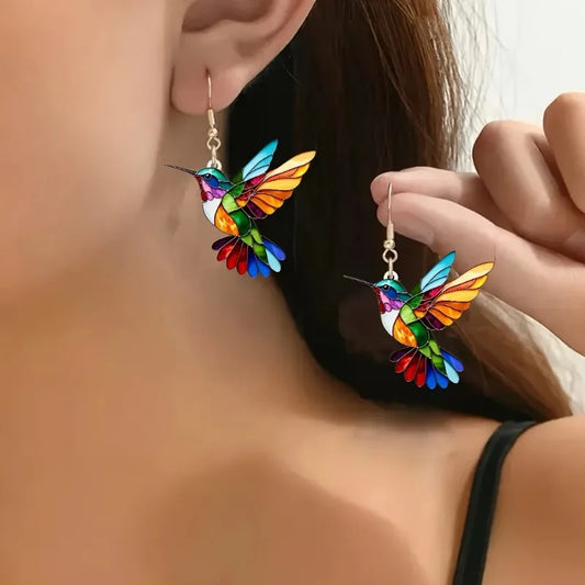 Colorful Acrylic Hummingbird Earrings in Stained-Glass Style