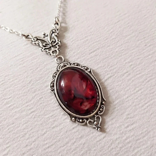 Vintage Necklace with Dark Red Resin Pendant and Antique Frame