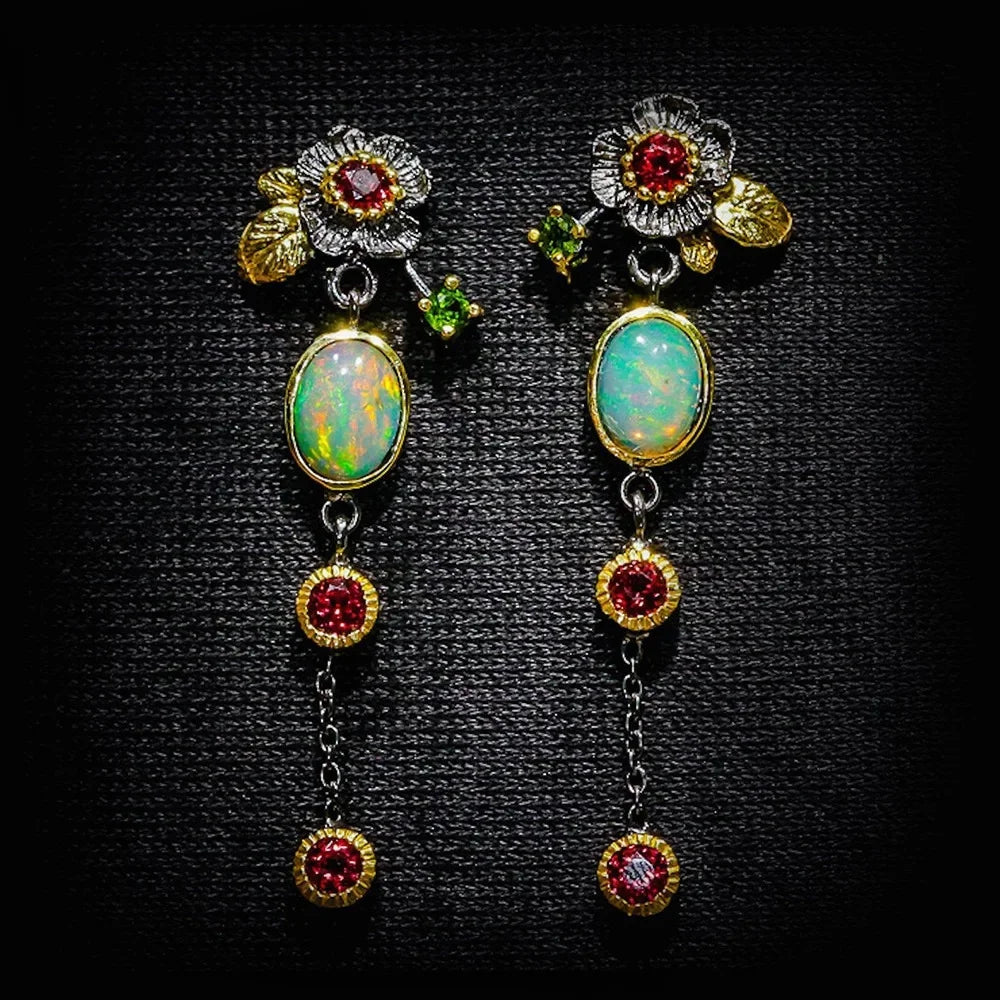 Boho-Chic Earrings with Brilliant Opal and Red Cubic Zirconia