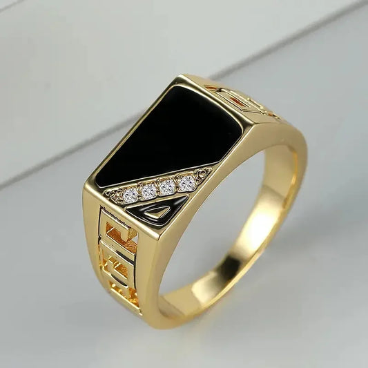 Gold-Plated Stainless Steel Ring with Black Stone