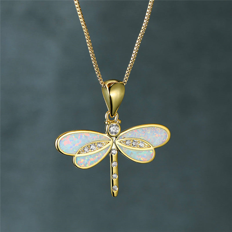 Shiny Dragonfly Necklace with Sparkling Opal and Cubic Zirconia
