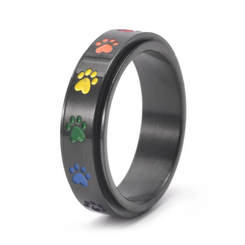 Stress-Relief Spinner Ring - Stainless Steel with Rainbow Paw Print