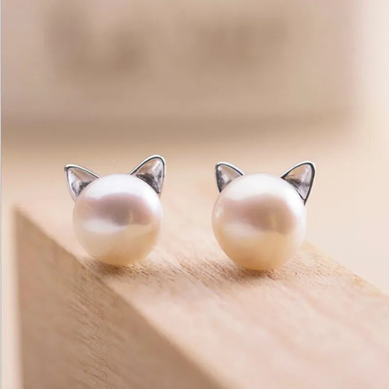 Fun Cat Earrings Made with Freshwater Pearls for Cat Lovers