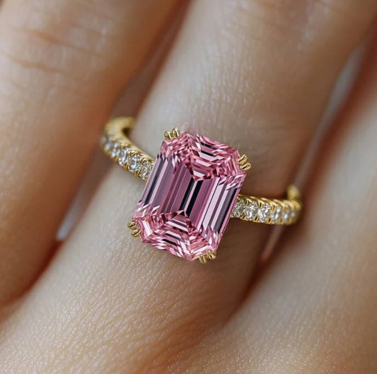 Elegant Ring with Pink Emerald-Cut Stone