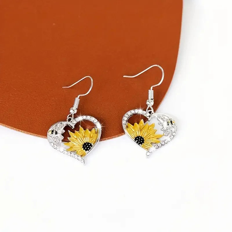 Boho Sunflower Bee Heart Earrings with Sparkling Cubic Zirconia