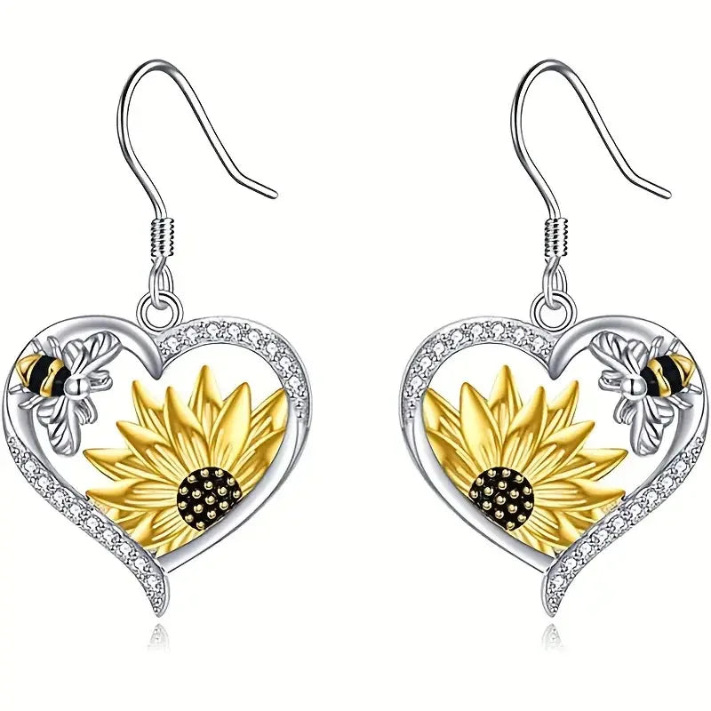 Boho Sunflower Bee Heart Earrings with Sparkling Cubic Zirconia