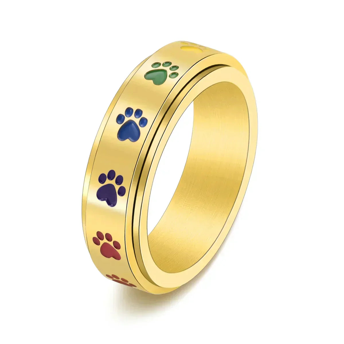 Stress-Relief Spinner Ring - Stainless Steel with Rainbow Paw Print