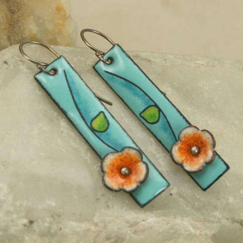 Turquoise enamel flower earrings with delicate leaves