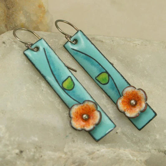 Turquoise enamel flower earrings with delicate leaves