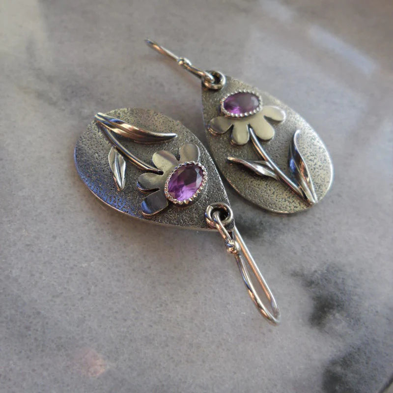 Antique Flower Earrings with Amethyst Stones and Leaf Design