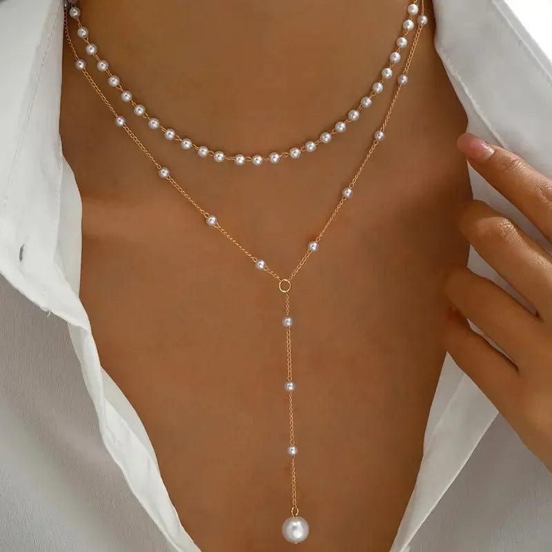 Elegant Y-Shaped Pearl Necklace with Double-Layer Design