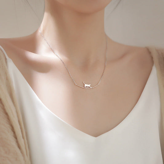 Minimalist Necklace with Cat Pendant on Metallic Cord for Women