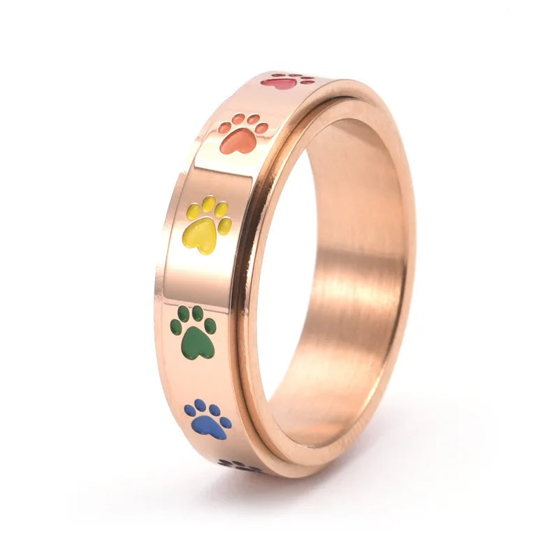 Stress-Relief Spinner Ring - Stainless Steel with Rainbow Paw Print