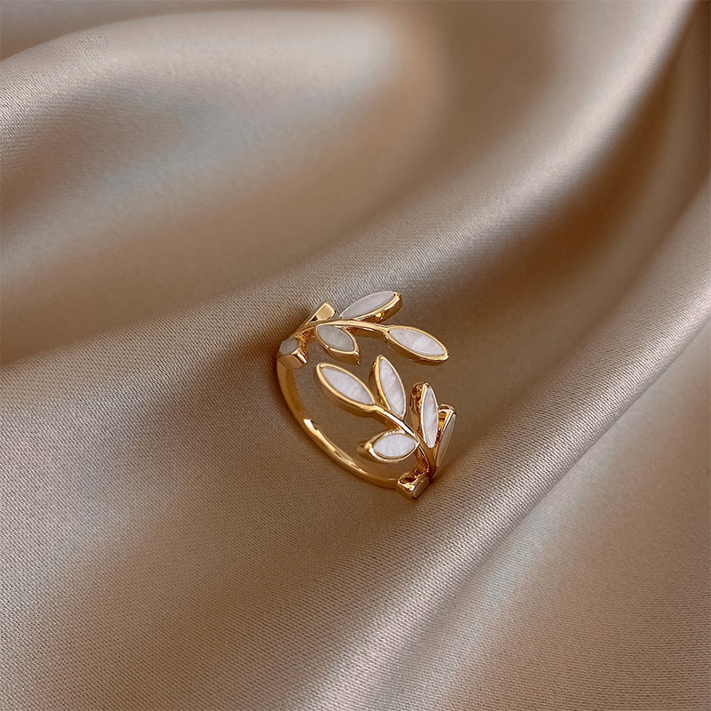 Adjustable Ring with Leaf and White Opal