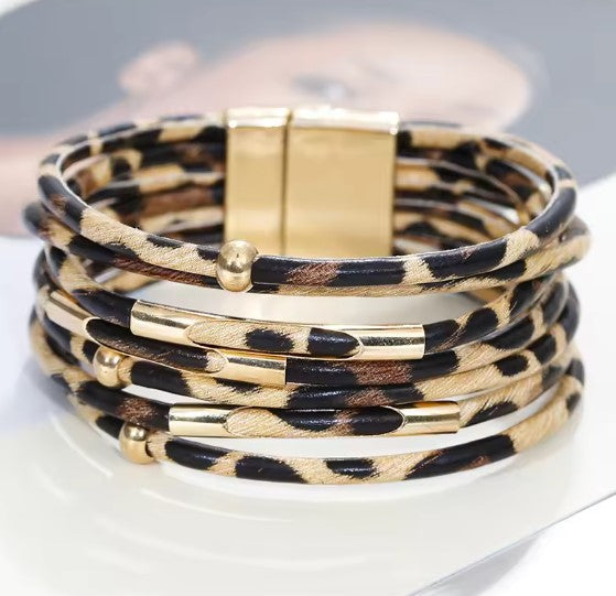 Trendy leopard-print wrap bracelet with multiple layers and detailing