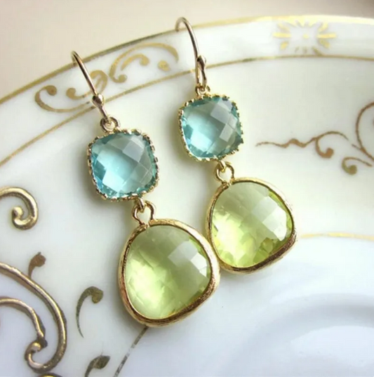 Brilliant Dangle Earrings with Faceted Blue and Lime Green Stones