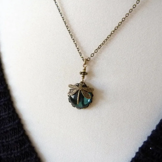 Vintage Necklace with Sparkling Crystal Pendant and Dragonfly