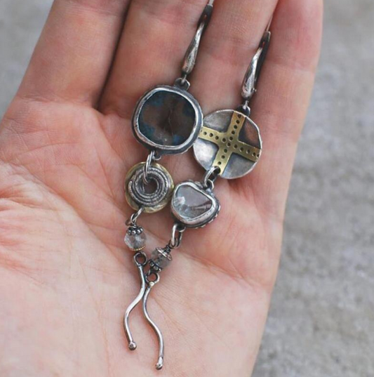 Handmade Asymmetrical Earrings with Cross and Spiral Motifs